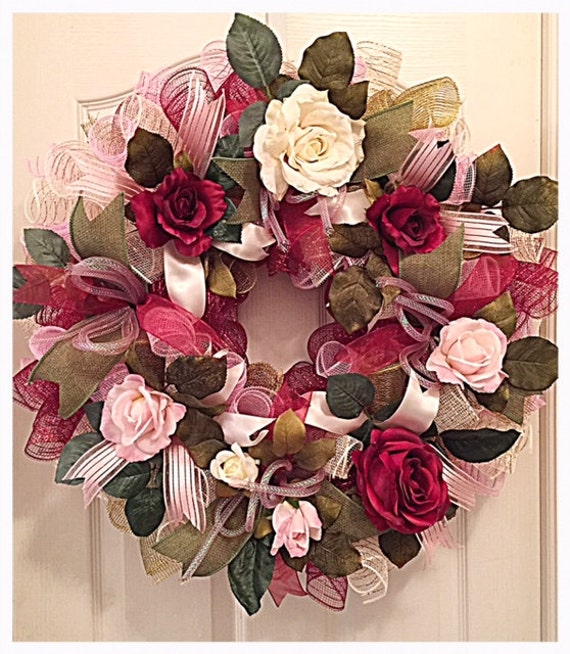 Elegant Rose Deco Mesh Wreath/Burgundy Pink and Cream Rose