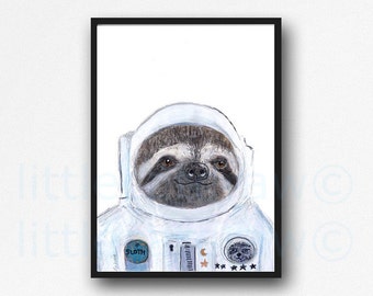 Space Sloth Print Astronaut Illustration Painting Giclee Print Animal Art Space Suit Sloth Art Print