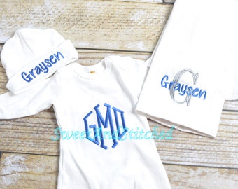 Baby boy monogrammed gown, baby boy take home outfit, monogrammed outfit for boys, newborn hat - Baby boy gift set layette, baby shower gift