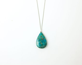 Turquoise necklace: CHRYSOCOLLA TEARDROP Necklace // Turquoise Teardrop Stone Pendant Necklace // Extra Long Necklaces // Bohemian Fringe