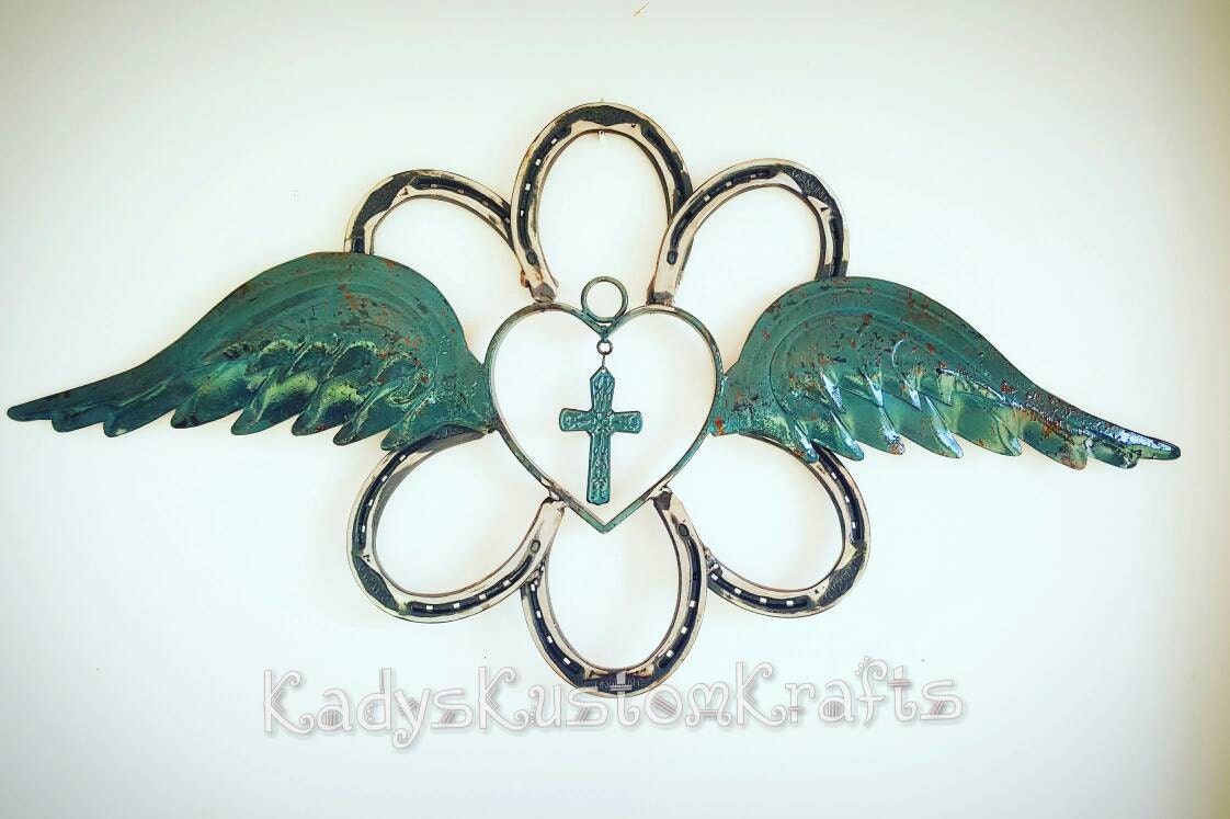 Rustic Horseshoe Wreath Angel wings Angel by KadysKustomKrafts
