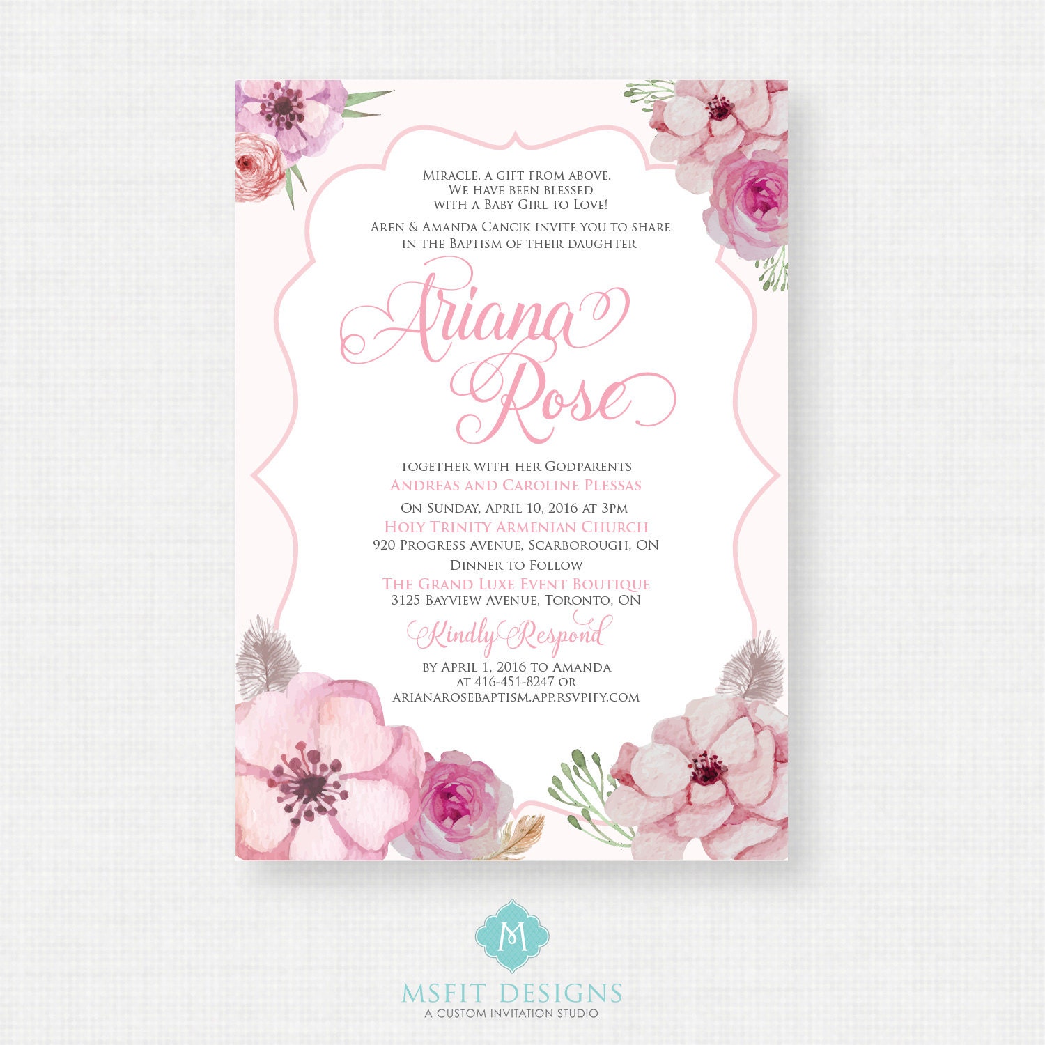 Printable Baptism Invitation- Watercolor Girls Baptism ...