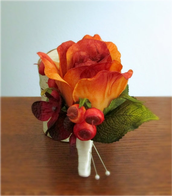 Burnt Orange Rose Boutonniere Burgundy Red Hydrangea and