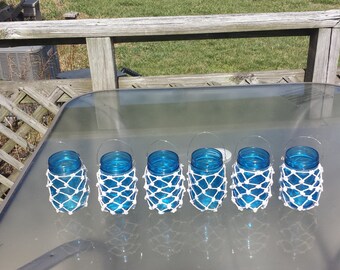 Set of 6 Blue Mason Jar Pint Size Netted Lanterns