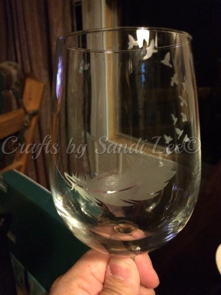 Etched Wine Glass Feather and Birds