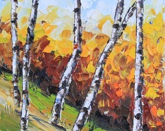 Birch Tree Painting, Birch Trees, Tree Art, Fall Painting, Landscape Art, Palette Knife, Colorful Painting, Original Oil, 8x10 Painting,Art