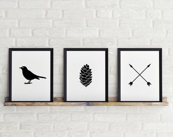Set of 3 prints, 8 x 10 in, Bird, arrow & Pine fruit, Black and white print, Printable Art, Scandinavian Print, Instant Download
