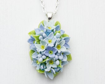 Necklace pendant with flowers from polymer clay, wedding pendant, shades of blue flowers, floral pendants, bright jewelry, floral necklace