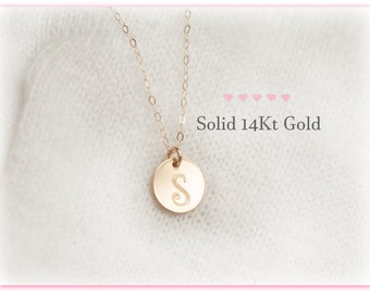 14Kt Gold Initial Necklace, Solid Gold Charm Initial Necklace, Real Gold Initial Necklace, 14Kt Gold Necklace, Personalized, Disc, Initial