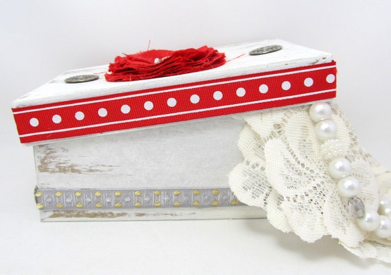 Red and White Decorative Box - Red and White Cottage Chic Box - Rustic Style - Silver Accents - Keepsake Box - Red and White Gift Box