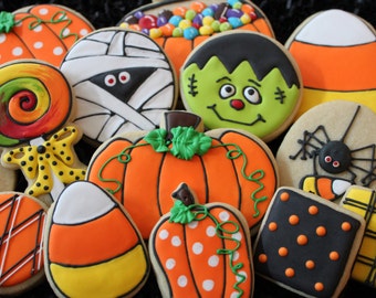 Halloween Sugar Cookies - Pumpkins, Candy Corn, Mummies, fall cookies, mummy cookies, custom cookies, Halloween cookie favors