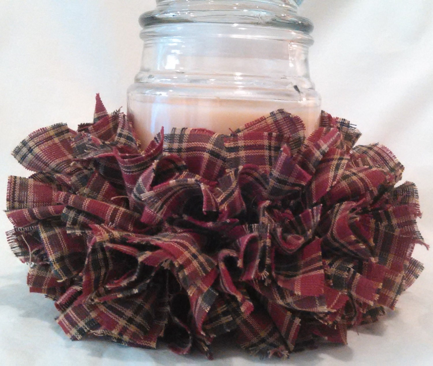 Rag Candle Wreath Ring Homespun Red Check Plaid Primitive