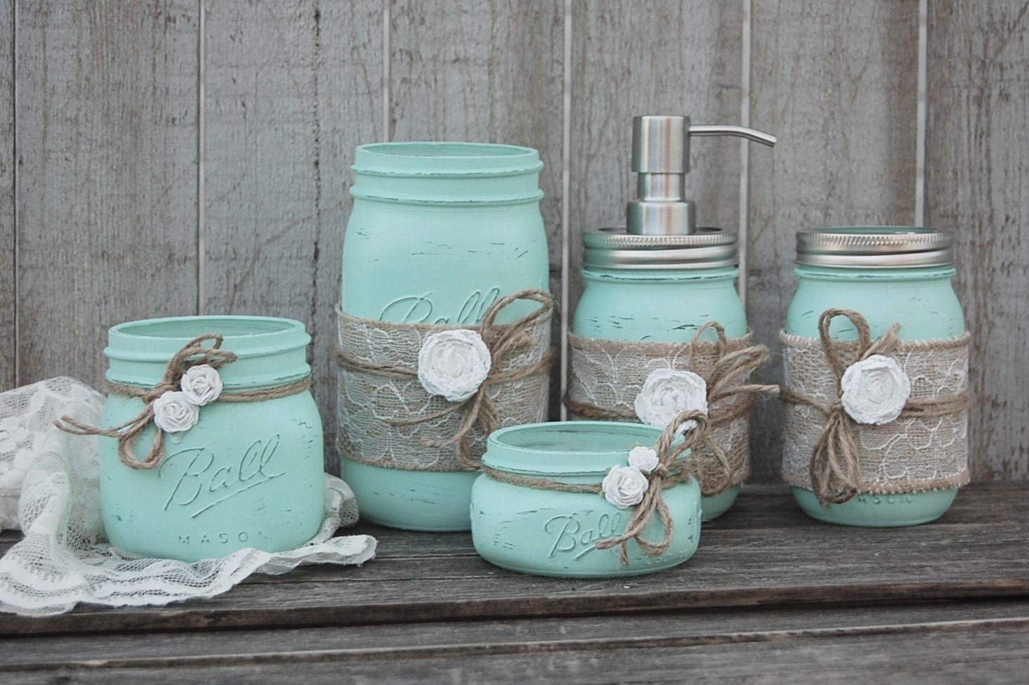 Mason Jar Bathroom Set Mint Green Shabby Chic Soap