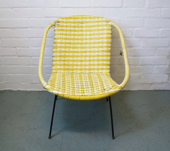 Vintage woven bucket chair in yellow and white by VintageActually