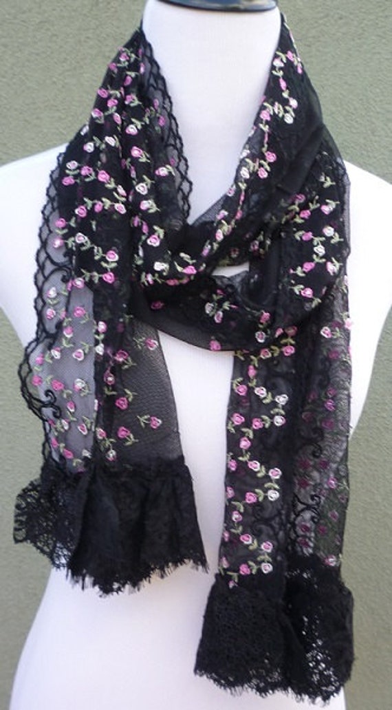 Create Your Etsy Account Black Scarves. Clothing & Shoes / Accessories / Scarves & Wraps / Scarves. of Results. Sort by: Womens Delicate Leaf Lace Scarf with Tear Drop Tassels. Peach Couture Colorful Victorian Damask Lightweight Black and White Infinity Loop Scarf. New Arrival.