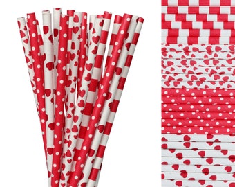 Valentines Day Paper Straws Mix-Red Straws-Valentines Day Decor-Heart Paper Straws-Sweethearts Paper Straws-Striped Straws-Sweet 16 Birthday