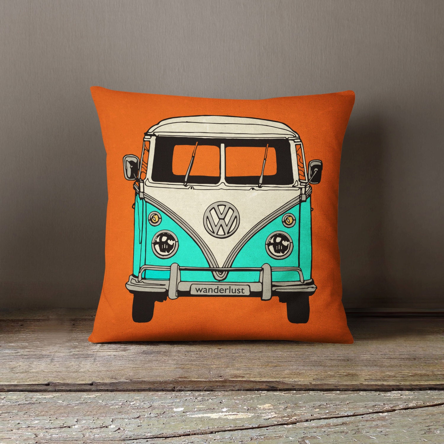VW Pillow Cover Orange Pillow Minibus Pillow Wanderlust Pillow
