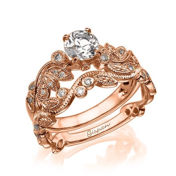 Rose Gold Engagement Set Leaves Engagement Ring Gold Set