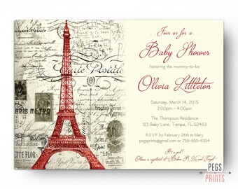 Vintage Red Paris Baby Shower Invitation (Printable) Red Parisian Baby Shower Invites // Red Paris Invitation // Invitation Gender Neutral