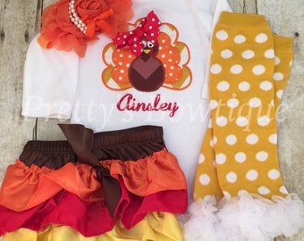 Thanksgiving Outfit Baby Girl – Turkey Embroidered Bodysuit, Bloomer, Headband & Polka Dot Legwarmers Set Personalized with Name