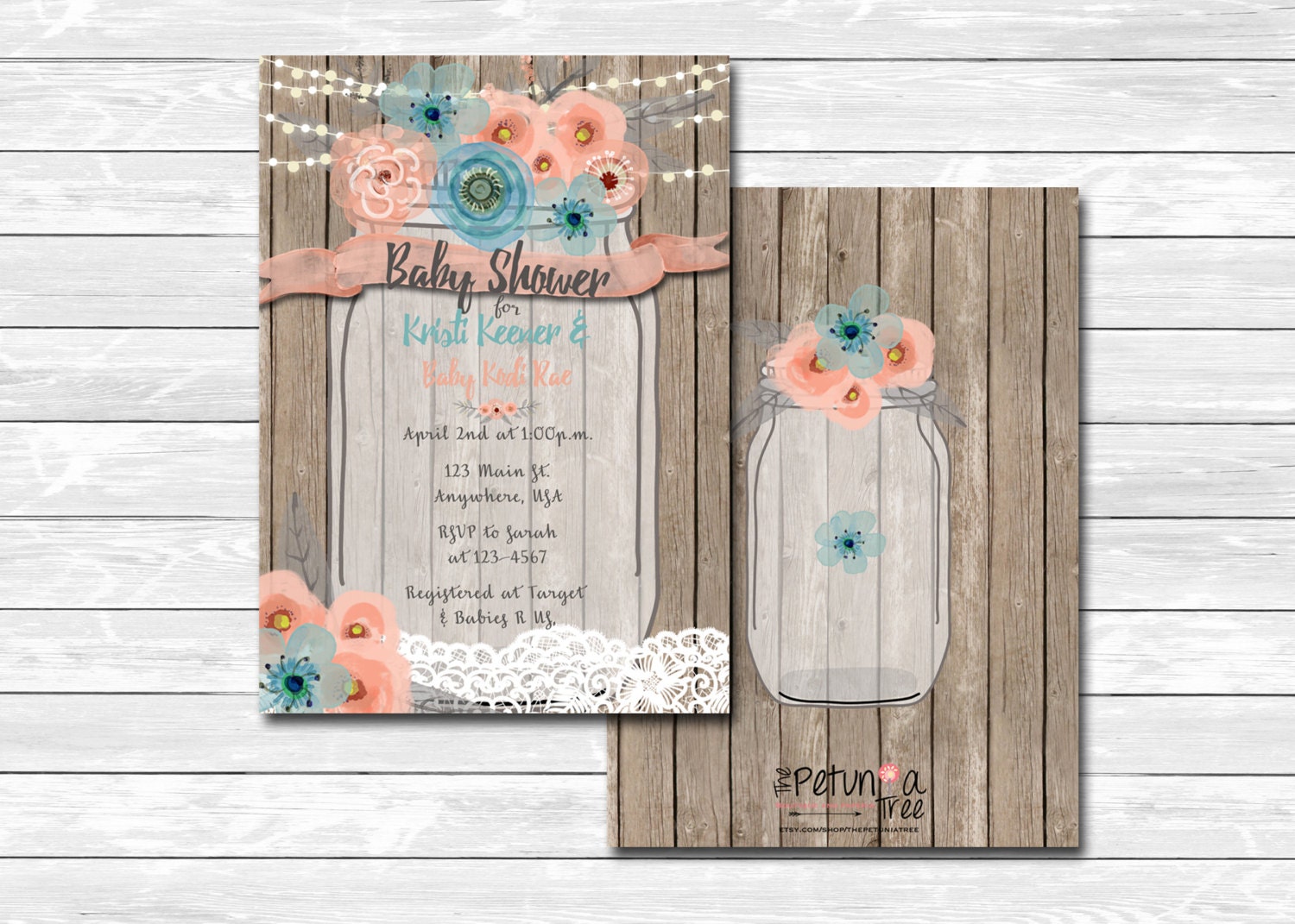 Printable mason jar floral baby shower party invitation