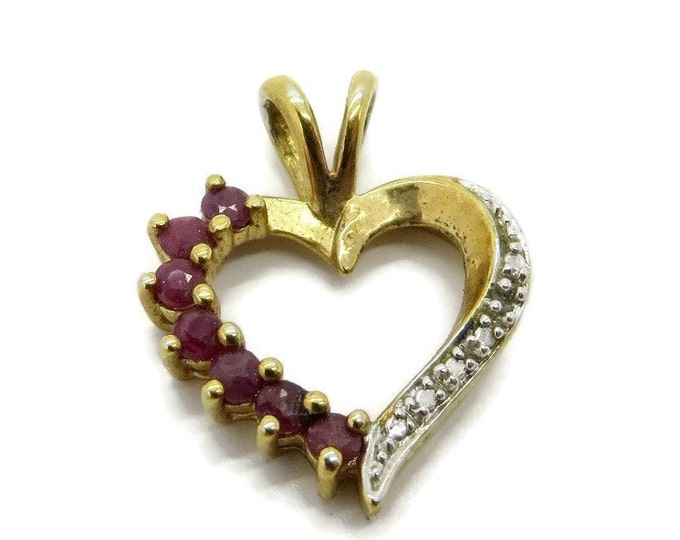 ON SALE Ruby and Diamond Heart Pendant, Vintage Gold Plated Silver with Gold Plated Cobra Chain