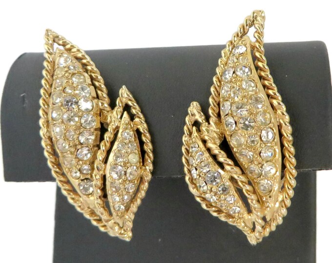 Hattie Carnegie Vintage Rhinestone Earrings, Large Braided Leaf Clip-ons, Bridal Jewelry