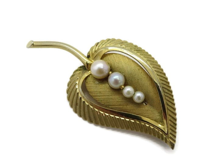 14K Gold Filled Leaf Brooch, Designer Signed Faux Pearl Pin, Vintage Mid-Century Brooch, Curved Leaf Pin, Gift for Her