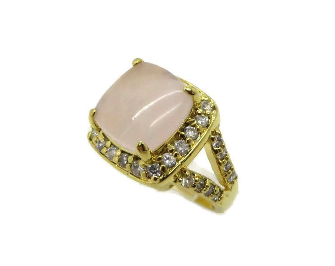 Pink Quartz Statement Ring, Vintage Quartz and CZ Gold Plated Ring, Size 8