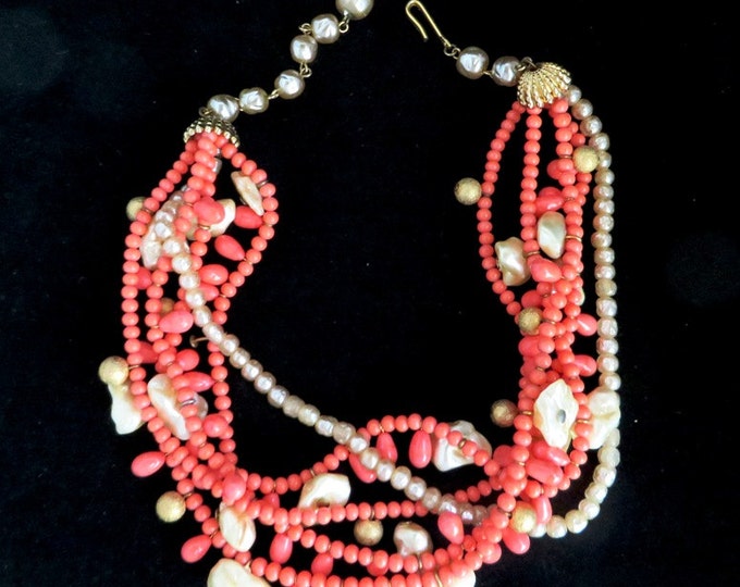 Vintage Multistrand Necklace - Faux Coral & Pearl Beaded Choker, Gift Idea, Gift Boxed