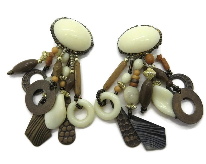 Boho Dangling Earrings, Vintage Cream and Brown Dangles, Beaded Clip-on Earrings, Hippie Clip ons