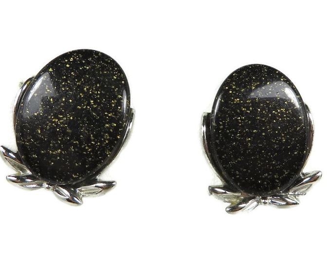 Black & Gold Thermoset Earrings, Vintage Silver Tone Sparkly Clip-on Earrings