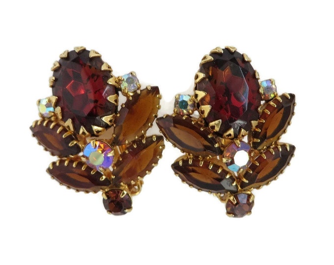 Juliana D&E Amber Earrings, Vintage AB Rhinestones, Gold Tone Clips, Book Piece, Verified, Anniversary Gift, Birthday Gift, Bridesmaid Gift