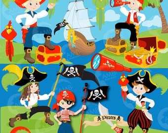 Pirate clipart, Boy Pirate, Buccaneer, Treasure Island, Pirate Birthday Party, Pirate Ship, Treasure Chest, Commercial Use, AMB-173