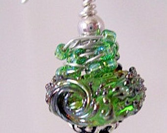 Green whirlwind lampwork bead and sterling silver earrings