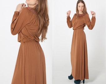 70s bohemian brown dress with embroidered collar Long sleeves maxi dress new with tag