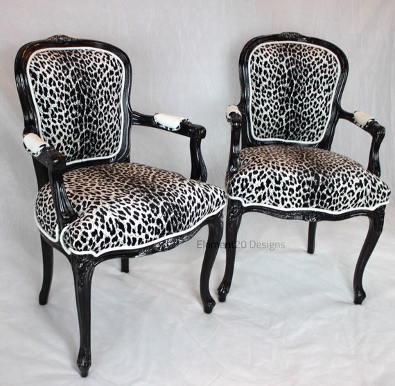 Sold Distressed Snow Leopard Velvet French Chair with White