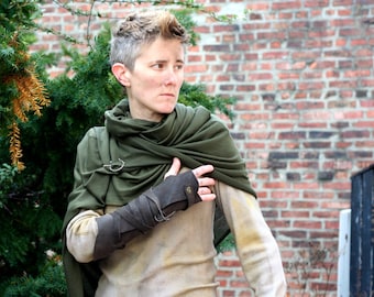Post Apocalyptic Shawl Wrap, Charcoal Leather Bracer, Green Drape Wrap, Shoulder Cowl, Vambrace, Leather Wrap, slinky shawl, moyamensing