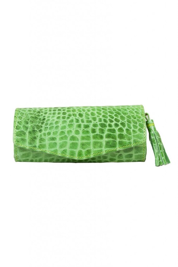 Green mockcroc leather clutch bag