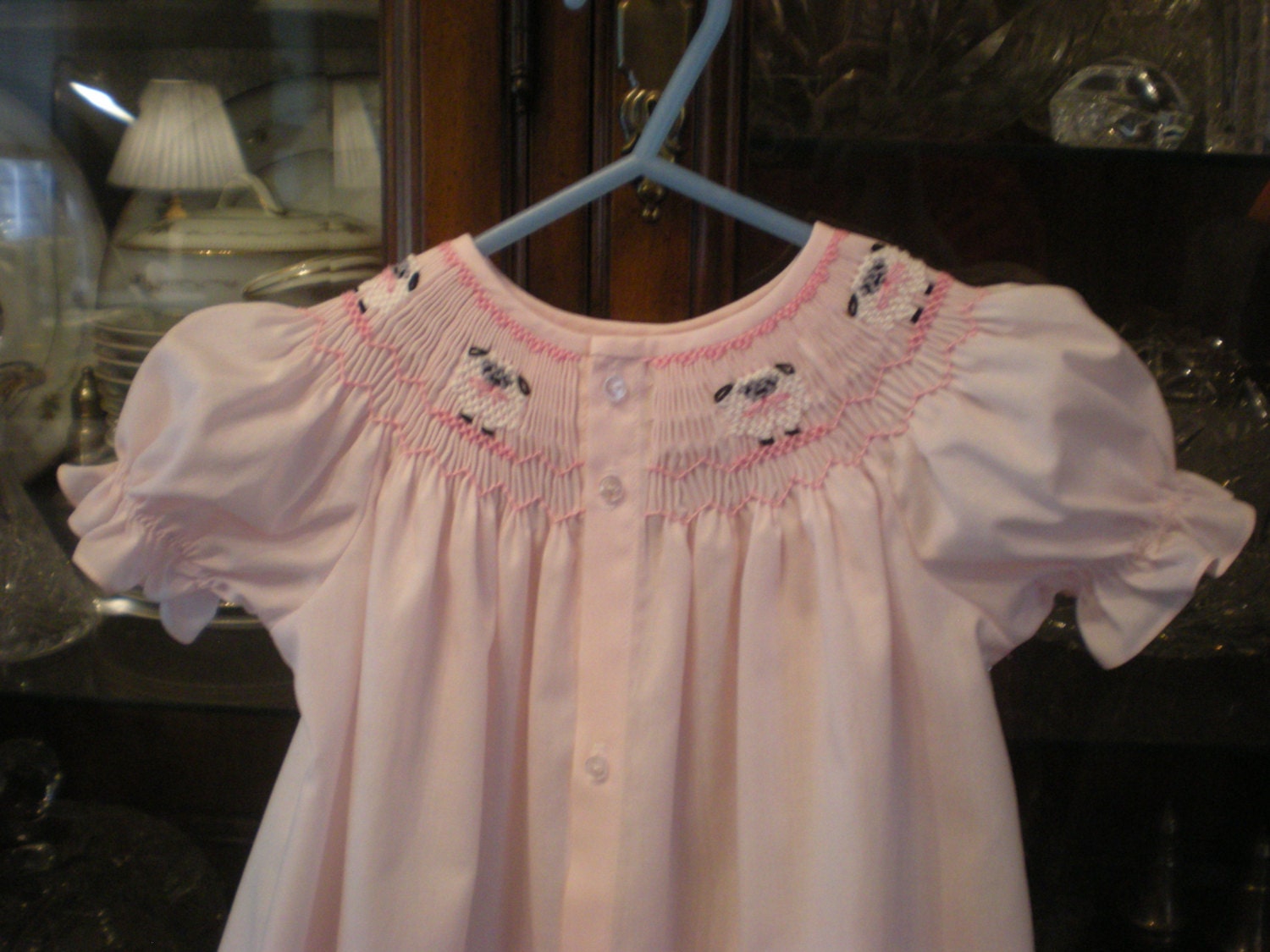 Smocked day gown newborn baby infant girl pink sheep