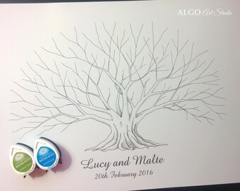 Fig Tree, Hand Drawn Tree, Custom Fingerprint Tree, Wedding Guestbook, Personalized Tree Sign Guest Book, Thumbprint Tree + 2 INK PADS