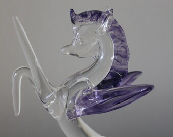 Vintage Glass Blown Pegasus Unicorn Figurine, Horse, Statue Clear and Purple Little Girl Fantasy
