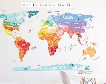 World Map Wall Decal - Our Incredible World World Map Wall Decal with Personalization stickers - Wall Sticker - Room Decor - World Map