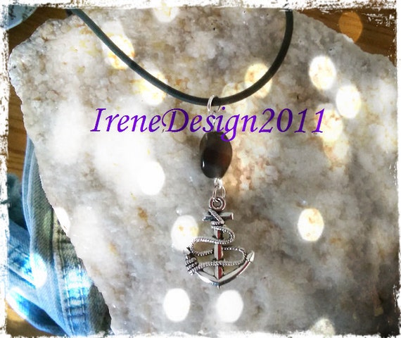 Handmade Leather Necklace with Brown Cat Eye & Anchor by IreneDesign2011