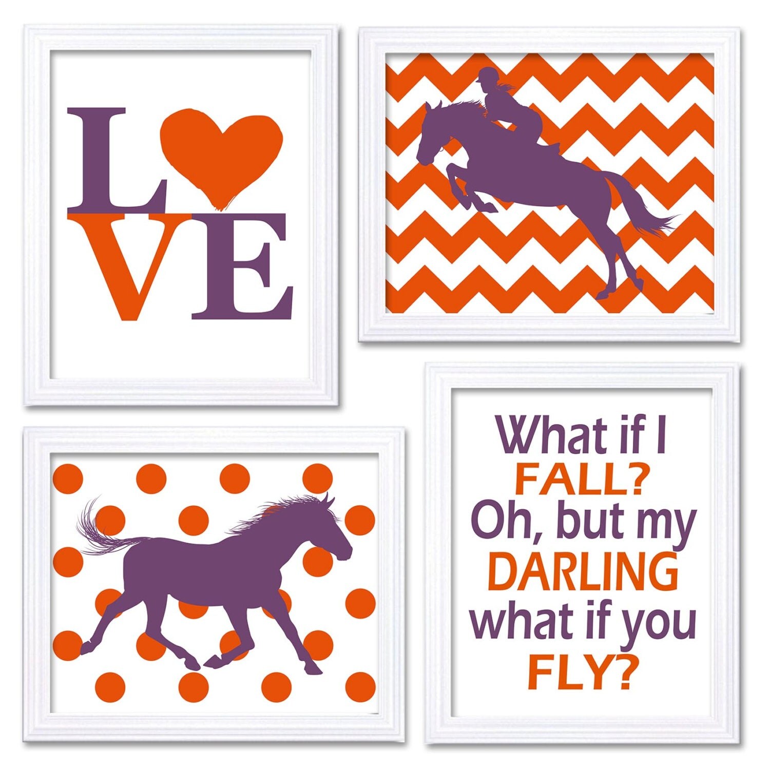 Horse Nursery Art Purple Orange Coral Prints Set of 4 LOVE What if I Fall? Chevron Polka Dots Girls 
