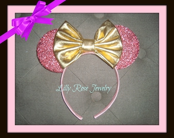 Sparkly Pink Minnie Mouse Ears Mickey Mouse Ears Inspired with Gold Metallic Bow Fits Adults and Children Ready to Ship Paint the Night