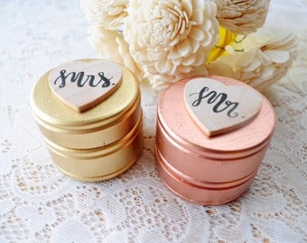 GOLD or ROSE GOLD Set of Two Extra Small Personalized Round Engraved Wood Burned Rustic Wooden Wedding Ring Boxes Mr. Mrs. Ring Bearer Boxes