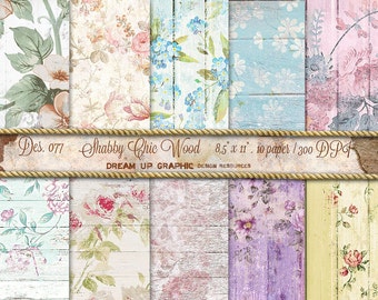 Shabby Chic Wood Digital Papers with Flowers. Wood and Flowers Digital Papers. Wedding, Cottage, Birth, Invitation, Instant Download.n. 077