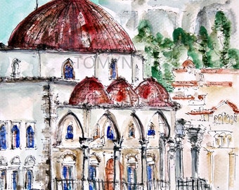 GREEK Watercolor. Monastiraki, Flea market. Athens. Original watercolor painting.