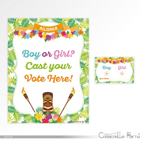 hawaiian shower baby invitations luau  baby Hawaiian tropical Reveal shower Gender  Voting Cards